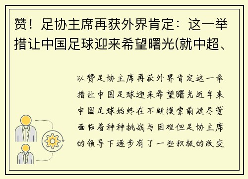赞！足协主席再获外界肯定：这一举措让中国足球迎来希望曙光(就中超、中甲俱乐部)