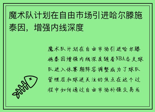 魔术队计划在自由市场引进哈尔滕施泰因，增强内线深度