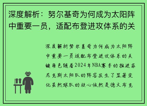 深度解析：努尔基奇为何成为太阳阵中重要一员，适配布登进攻体系的关键角色