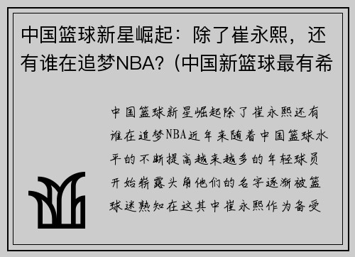 中国篮球新星崛起：除了崔永熙，还有谁在追梦NBA？(中国新篮球最有希望的球员)
