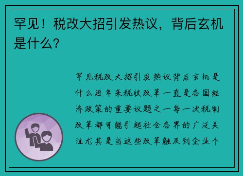 罕见！税改大招引发热议，背后玄机是什么？