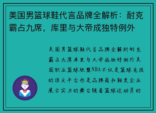 美国男篮球鞋代言品牌全解析：耐克霸占九席，库里与大帝成独特例外