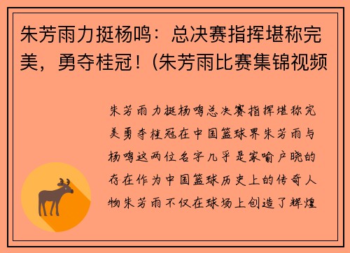 朱芳雨力挺杨鸣：总决赛指挥堪称完美，勇夺桂冠！(朱芳雨比赛集锦视频)