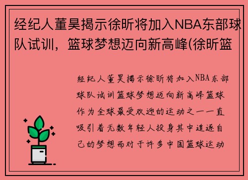 经纪人董昊揭示徐昕将加入NBA东部球队试训，篮球梦想迈向新高峰(徐昕篮球运动员简介)